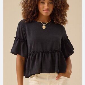 Altar'd State Crop Ruffle Sleeve & Hem Waffle Knit Top S Black #268N